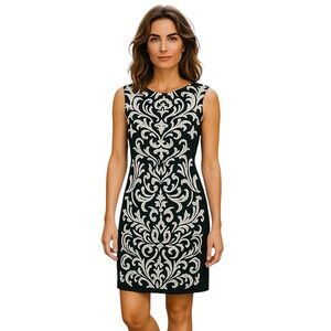 Julian Taylor Dress 10 Black Gray Baroque Scroll Sheath Career Stretch Epaulets